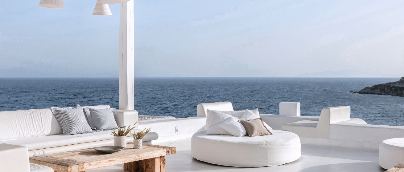 Mykonos Blu, Royal Blu Mansion outdoor living area with sea view